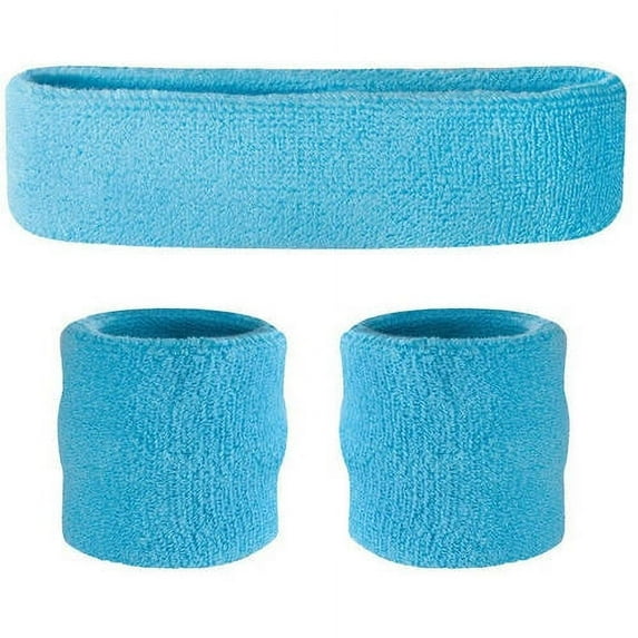 Suddora Sweatband Set - (1 Headband and 2 Wristbands) High Quality Cotton for Sports & More (Neon Blue)