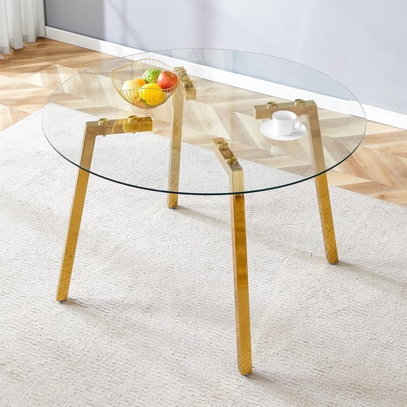 Sudica 47.3"Round Dining Table. Modern Minimalist Kitchen Table Glass with Metal Legs, for Kitchen, Dining Room, Golden