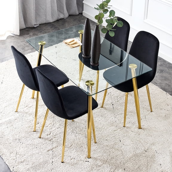 Sudica 5-Piece Modern Dining Table Set, 51 inch Glass Table with Gold Metal Legs and 4 Black Velvet Chairs