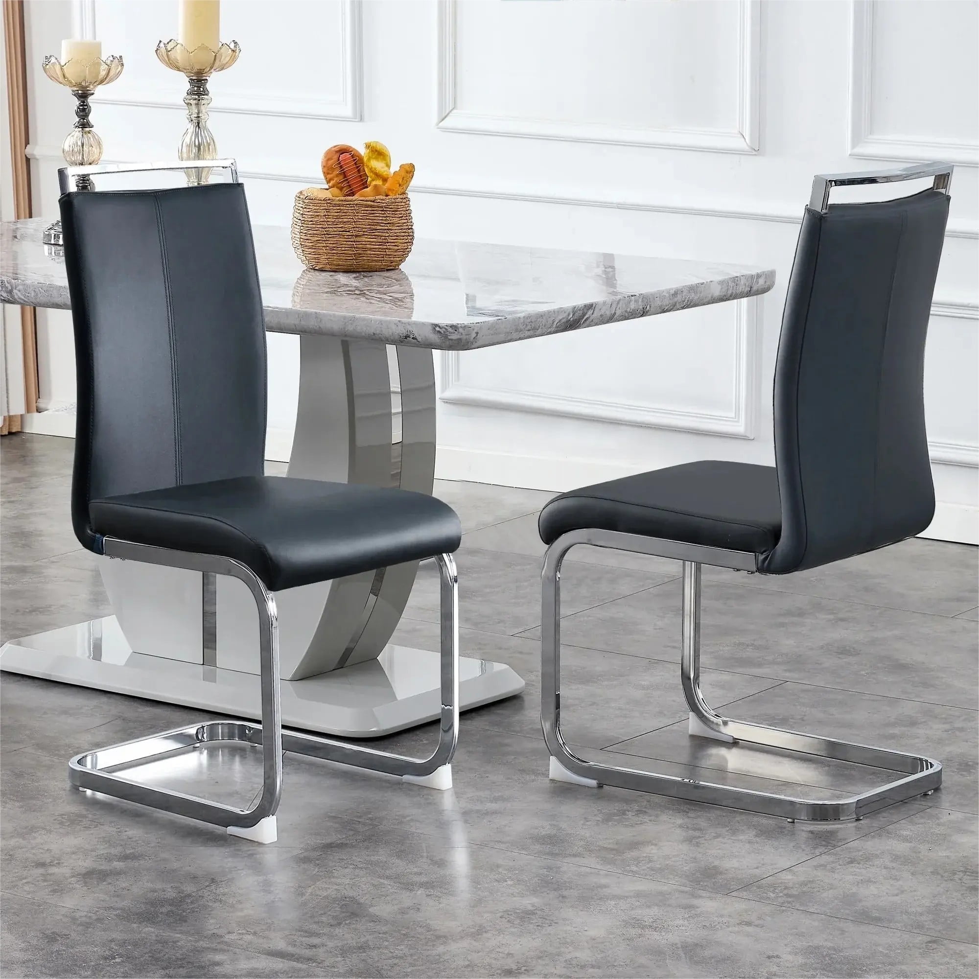 SUDICA Dining Chairs, Black PU Leather Upholstered, Chrome Metal Legs, Set of 2 for Kitchen Dining Room
