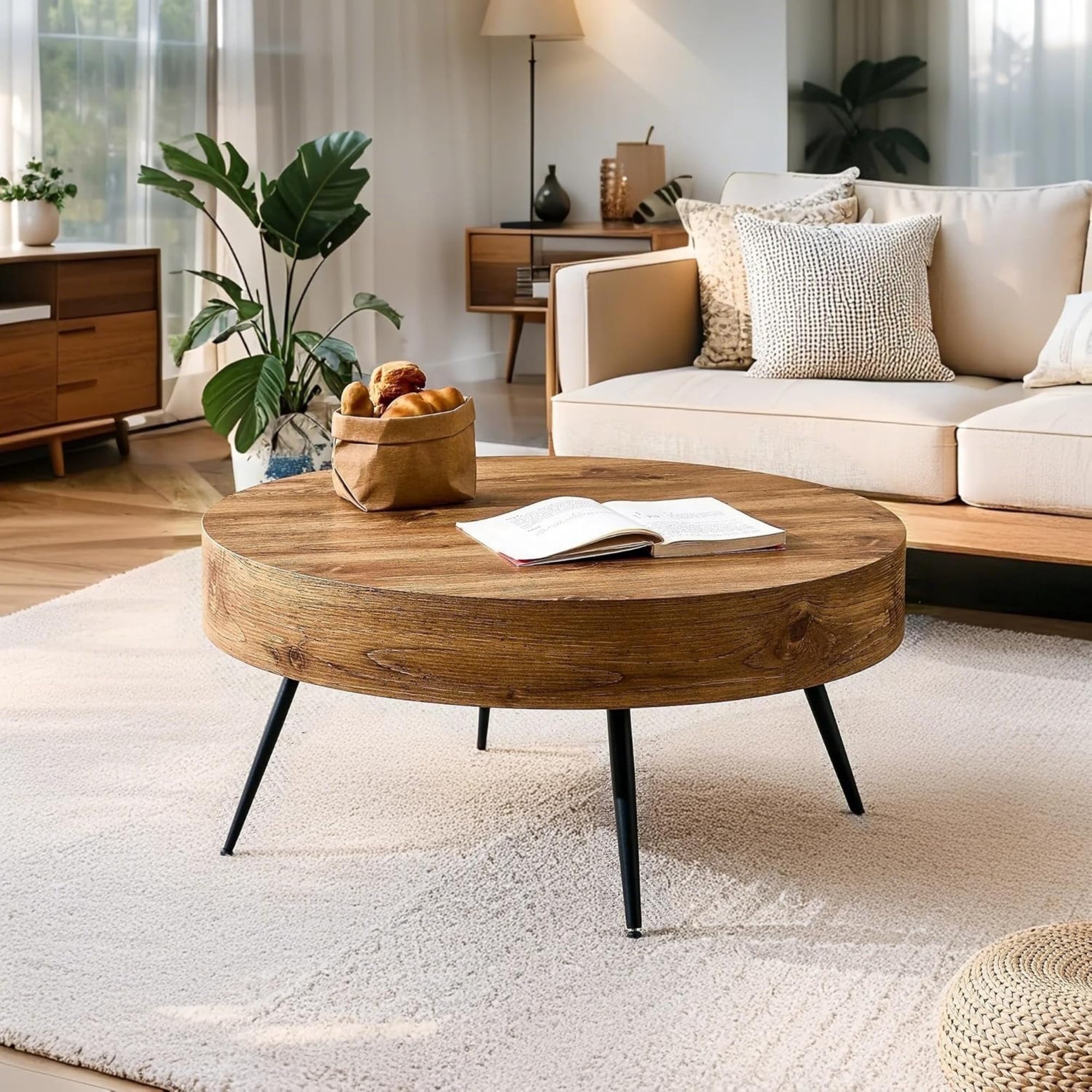 SUDICA 31.5 in Round Coffee Table, Rustic Wood Grain Finish with Black Metal Legs for Living Room