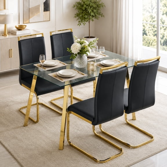 SUDICA 5-Piece Modern Dining Table Set, 51 inch Glass Table with Gold Legs and 4 Black PU Leather Chairs
