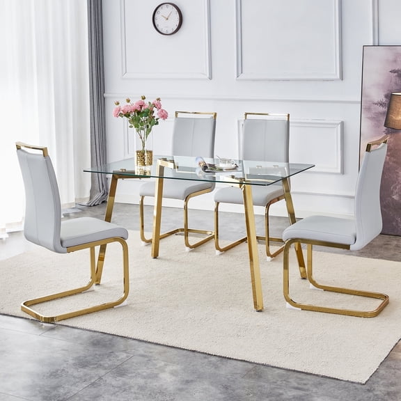 SUDICA 5-Piece Modern Dining Table Set, 51 inch Glass Table with Gold Legs and 4 Light Gray PU Chairs