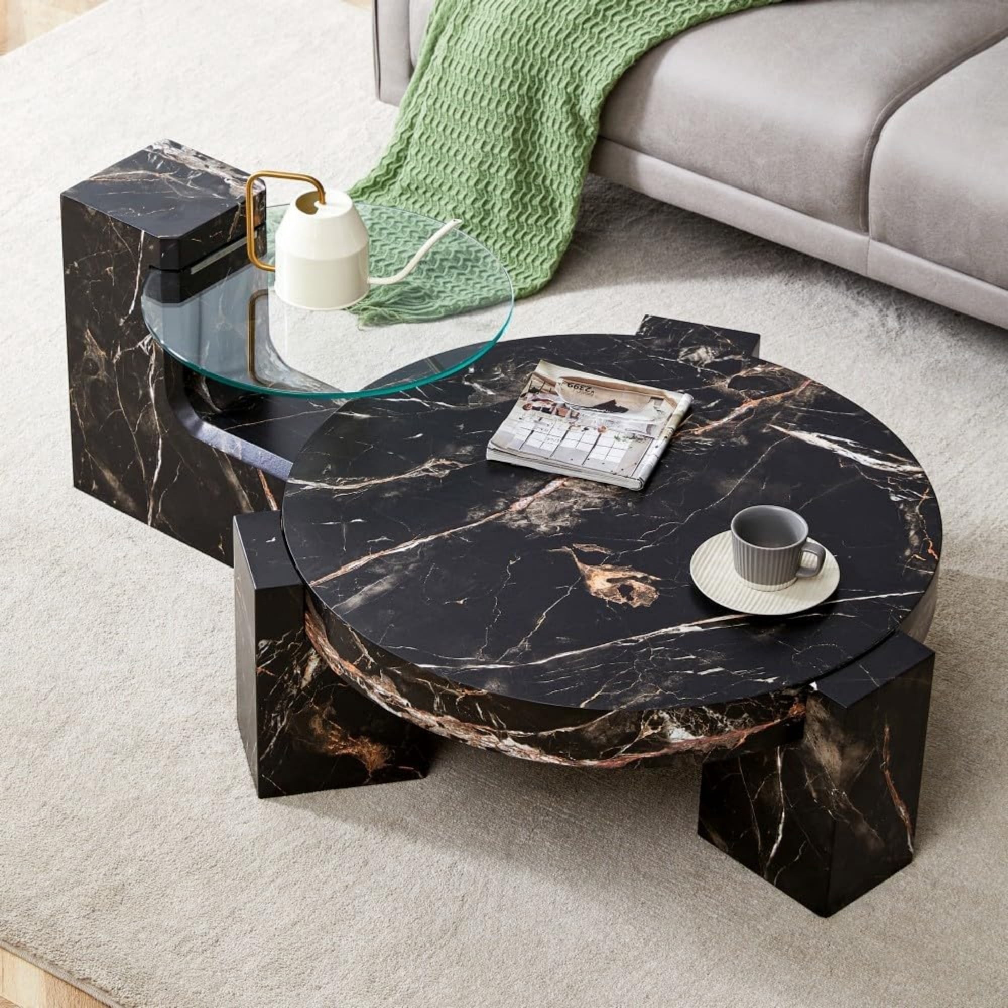 Sudica Detachable Double-decker Coffee Table,30" Round Tea Table with Black Faux Marble Base,Center Table for Living Room