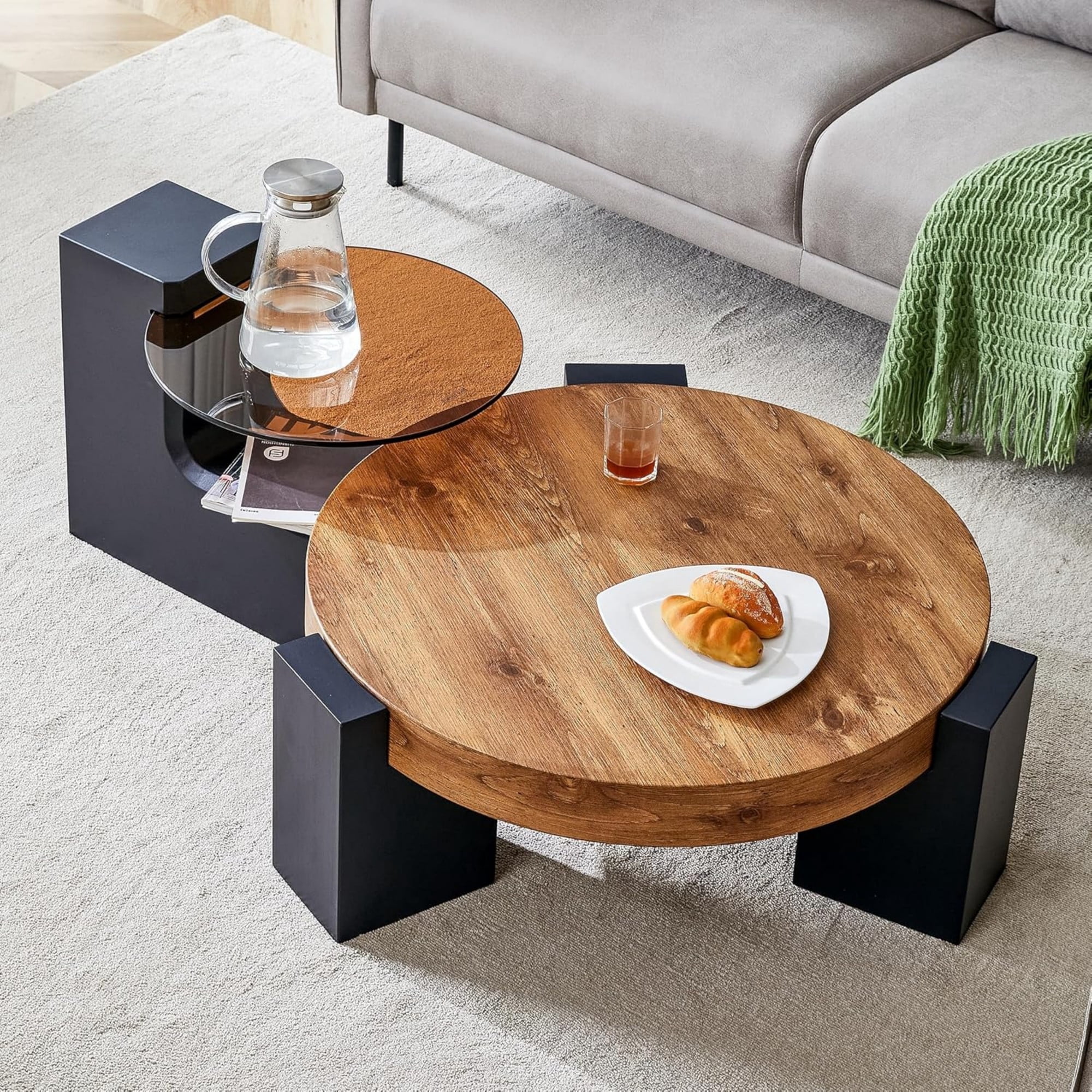 Sudica Detachable Double-decker Coffee Table 30" Round,Tea Table with Black Faux Marble Tabletop,Center Table for Living Room