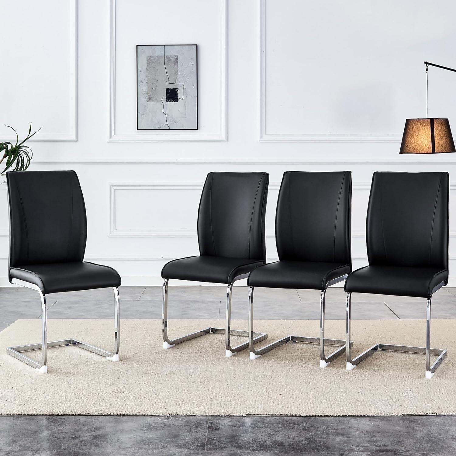 SUDICA Set of 4 Black PU Leather Dining Chairs, Modern High Back Upholstered Chairs with Chrome Metal Legs for Dining Room and Kitchen