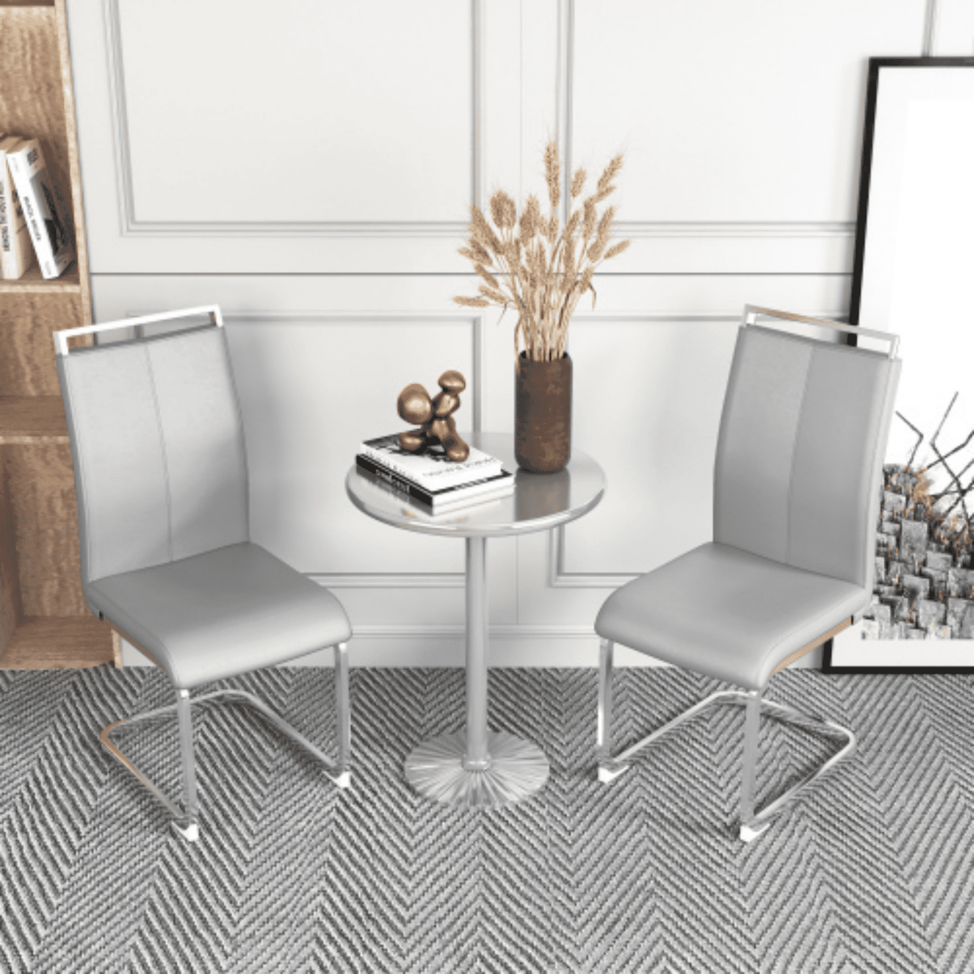 SUDICA Dining Chairs Set of 2, Light Gray PU Leather Upholstered Kitchen Chairs with Chrome Legs