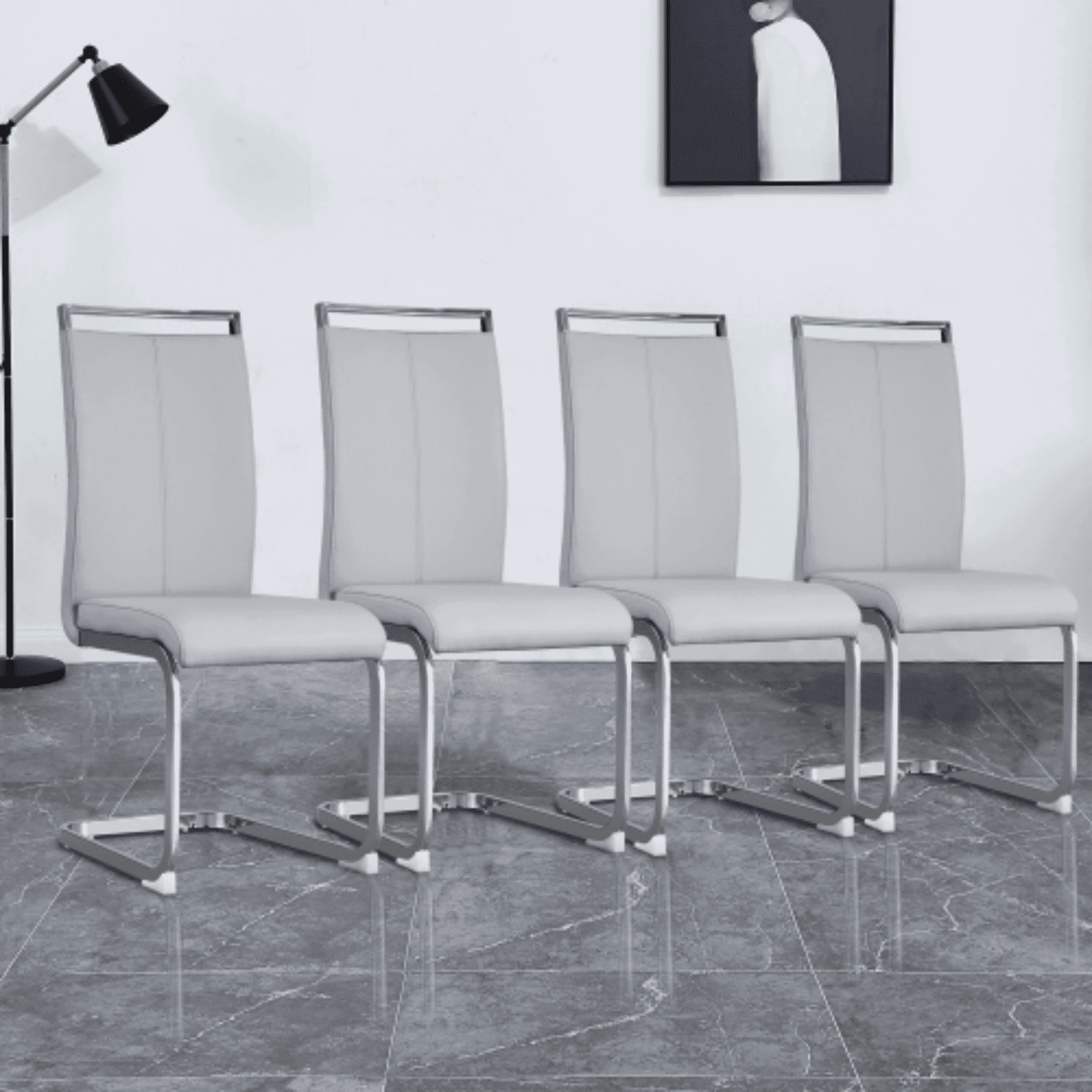 SUDICA Set of 4 Light Gray PU Leather Dining Chairs, Modern Upholstered High Back Kitchen Chairs with Chrome Metal Legs for Dining Room