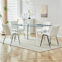 Sudica Dining Set for 4, Glass Rectangular Kitchen Table Set with Upholstered Faux Leather Dining Room Chairs,White