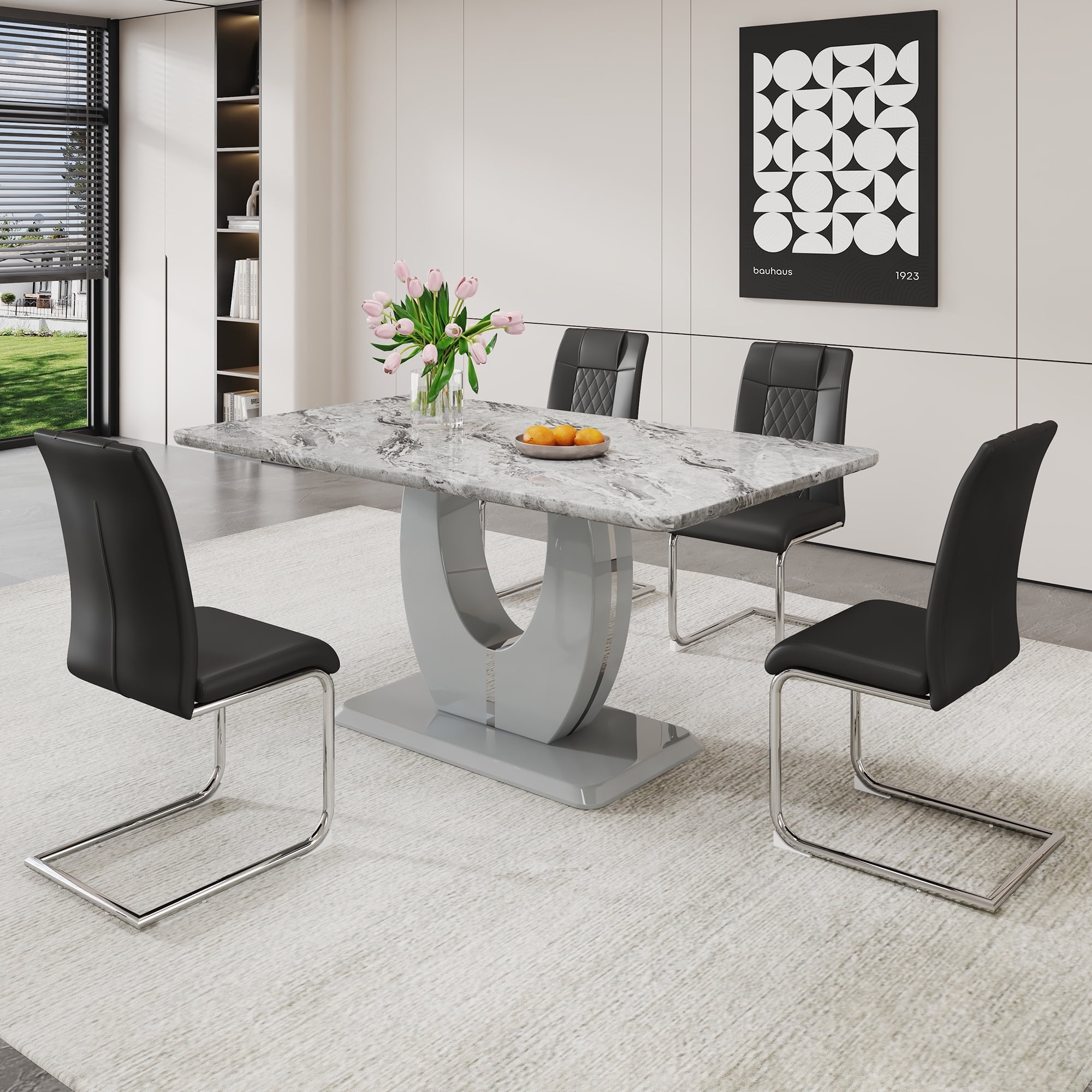 Sudica Dining Table Set with 4 Leather Dining Room Chairs 63 inch Large Rectangular Marble Dining Table and Chairs Set Gray