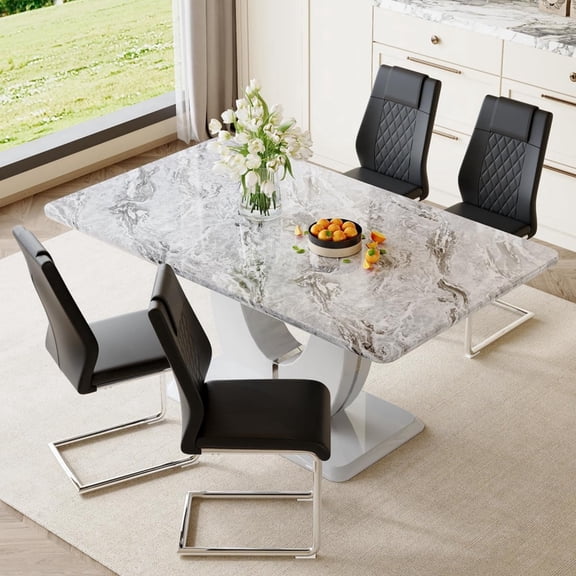 Sudica Dining Table Set with 4 Leather Dining Room Chairs, 63" Large Rectangular Marble Dining Table and Chairs Set,Black