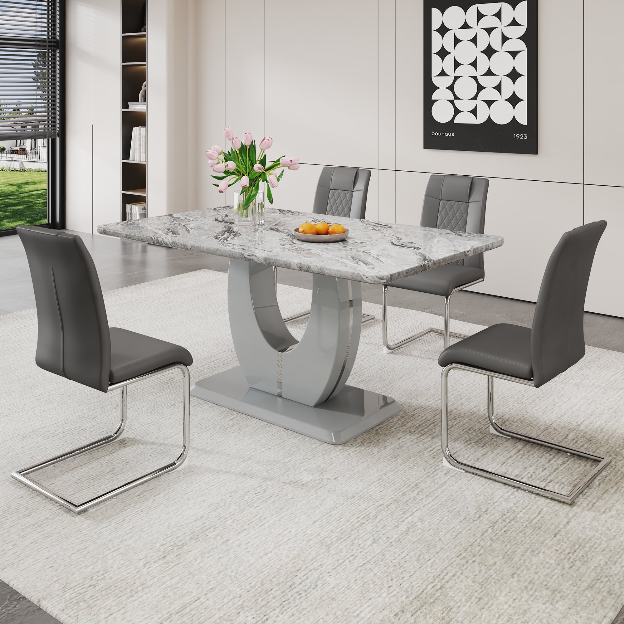Sudica Dining Table Set with 4 Leather Dining Room Chairs 63 Large Rectangular Marble Dining Table and Chairs Set Gray