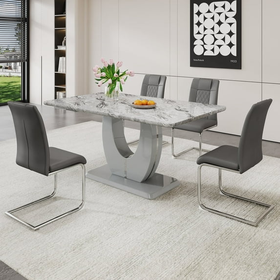 Sudica Dining Table Set with 4 Leather Dining Room Chairs, 63" Large Rectangular Marble Dining Table and Chairs Set, Gray