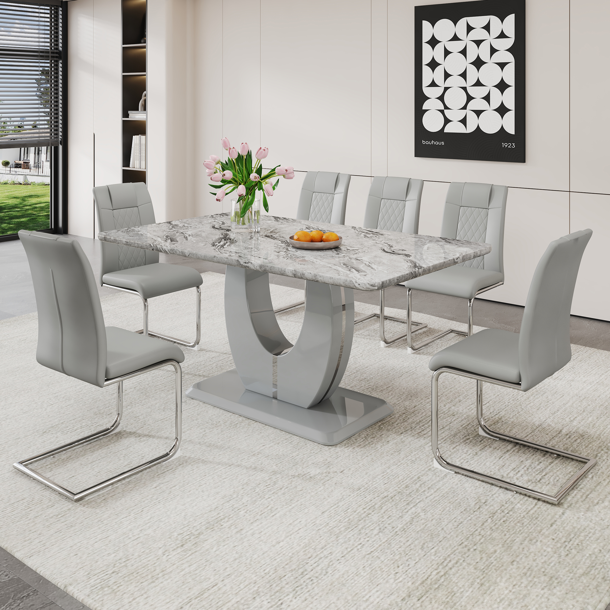 Sudica Dining Table Set with 6 Leather Dining Room Chairs, 63" Large ...