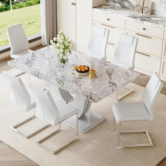 Sudica Dining Table Set with 6 Leather Dining Room Chairs, 63" Large Rectangular Marble Dining Table and Chairs Set,White