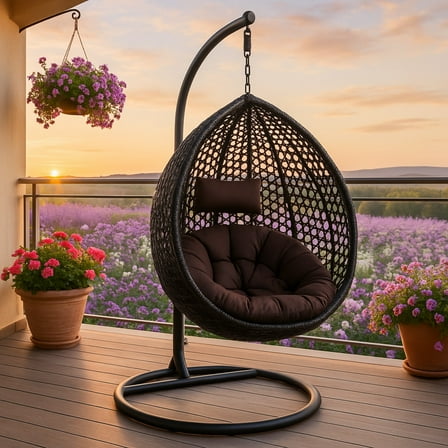 SUDICA Outdoor Egg Swing Chair with Stand, Black Rattan Wicker Hanging Chair with Cushion for Patio, Balcony, Garden