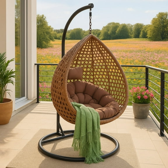 SUDICA Hanging Egg Chair with Stand, Brown Rattan Wicker Swing Chair with Soft Cushion, 350 lbs Weight Capacity for Patio, Bedroom, or Garden
