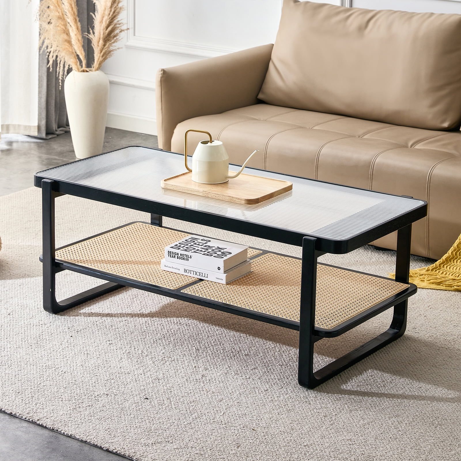 Sudica Glass Coffee Table with Rattan Storage Shelf Wooden Rectangular