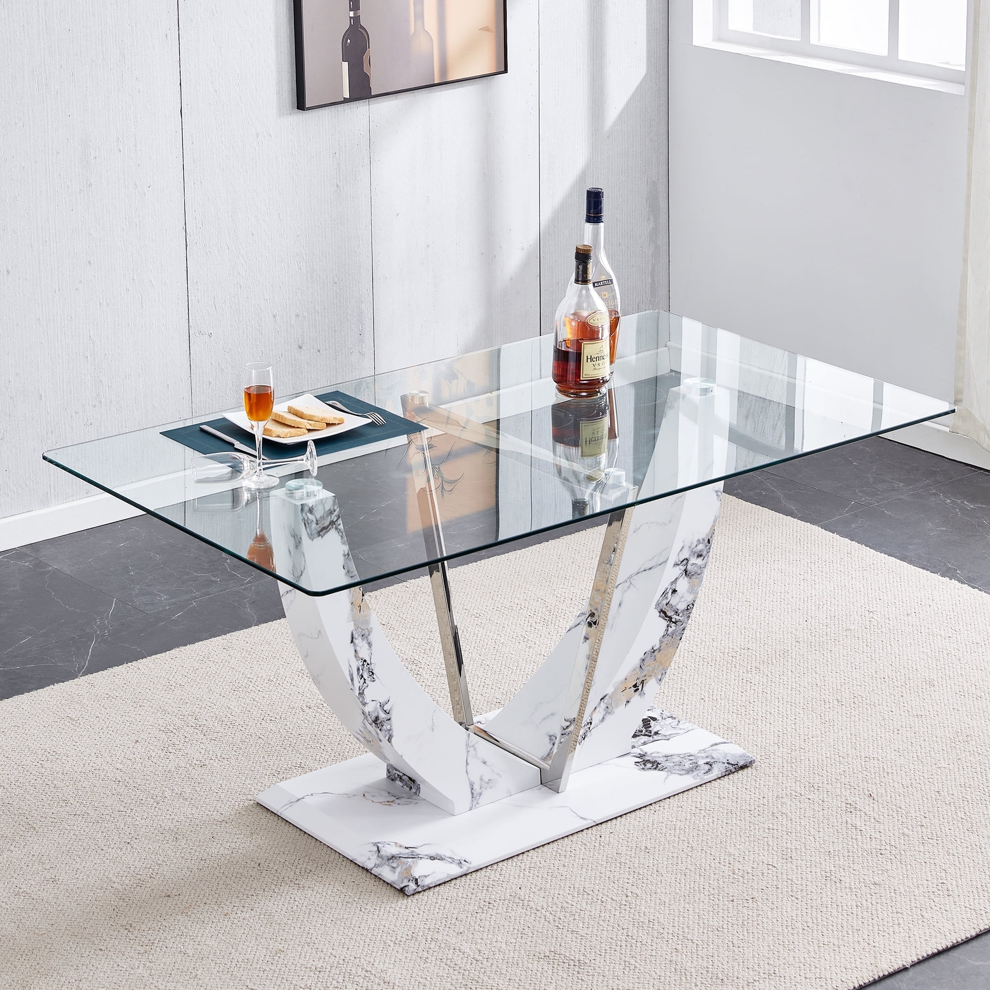 Sudica White Glass Dining Table 63 for 6 People Modern Rectangular with Tempered Glass and U Shape Marble Base Walmart