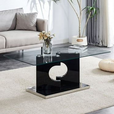 Sudica Glass Rectangular Coffee Table, 47" Modern Tea Table with Tempered Glass Tabletop and Black Legs for Living Room.