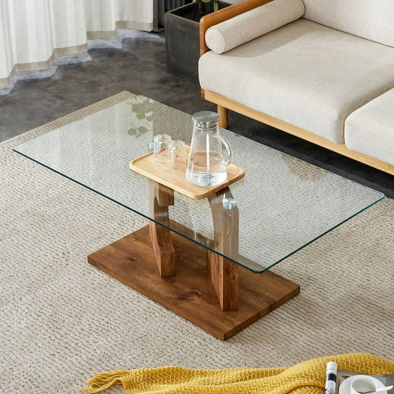 Sudica Glass Rectangular Coffee Table 47 Modern Tea Table with Tempered Glass Tabletop and Wooden Legs for Living Room. Walmart