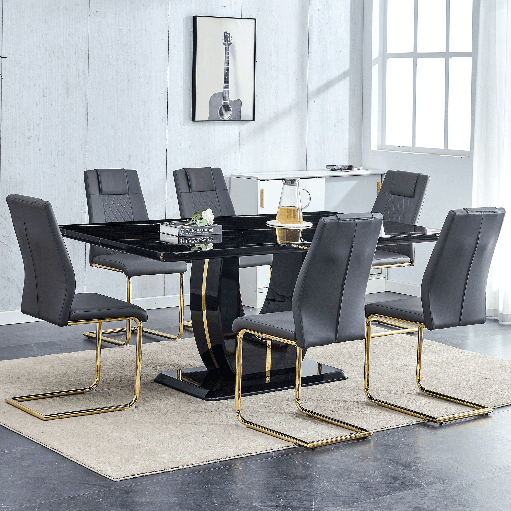 Sudica Marble Dining Set, Large Kitchen Table with 6 Gold Legs Dining ...