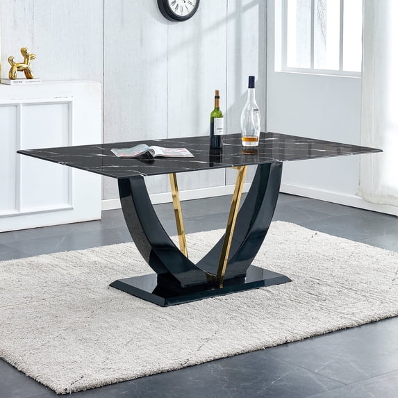 Sudica Marble Dining Table 70" Modern Kitchen Dining Room Table with MDF Faux Marble Table Top, Black U-Shape Base