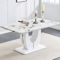 Sudica Marble Dining Table for 6 People 63" White Faux Marble Dining Room MDF Table with U-Shaped Support