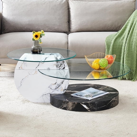 SUDICA 35.4" Double-Layer Round Glass Coffee Table, Modern Clear Glass Top with Black and White Faux Marble Base for Living Room