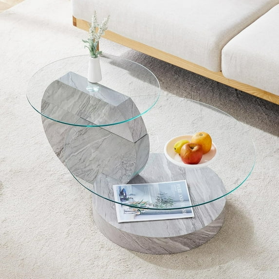 Sudica Modern Double-Layer Round Glass Coffee Table, 35.4" Center Table with Light Grey Faux Marble Base, Tempered Glass Top for Living Room
