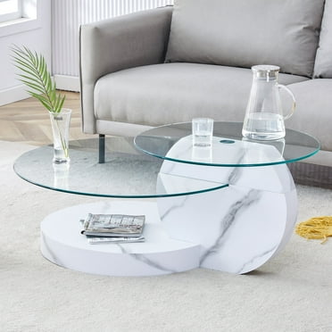 Sudica Modern Coffee Table with Double-layer Round Glass Tabletop,31" Tea Table with White Marble Patterned Base,Center Table for Living Room