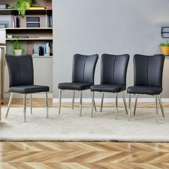 SUDICA Dining Chairs Set of 4, Black PU Leather Upholstered High Back Kitchen Chairs with Silver Metal Legs for Dining Room