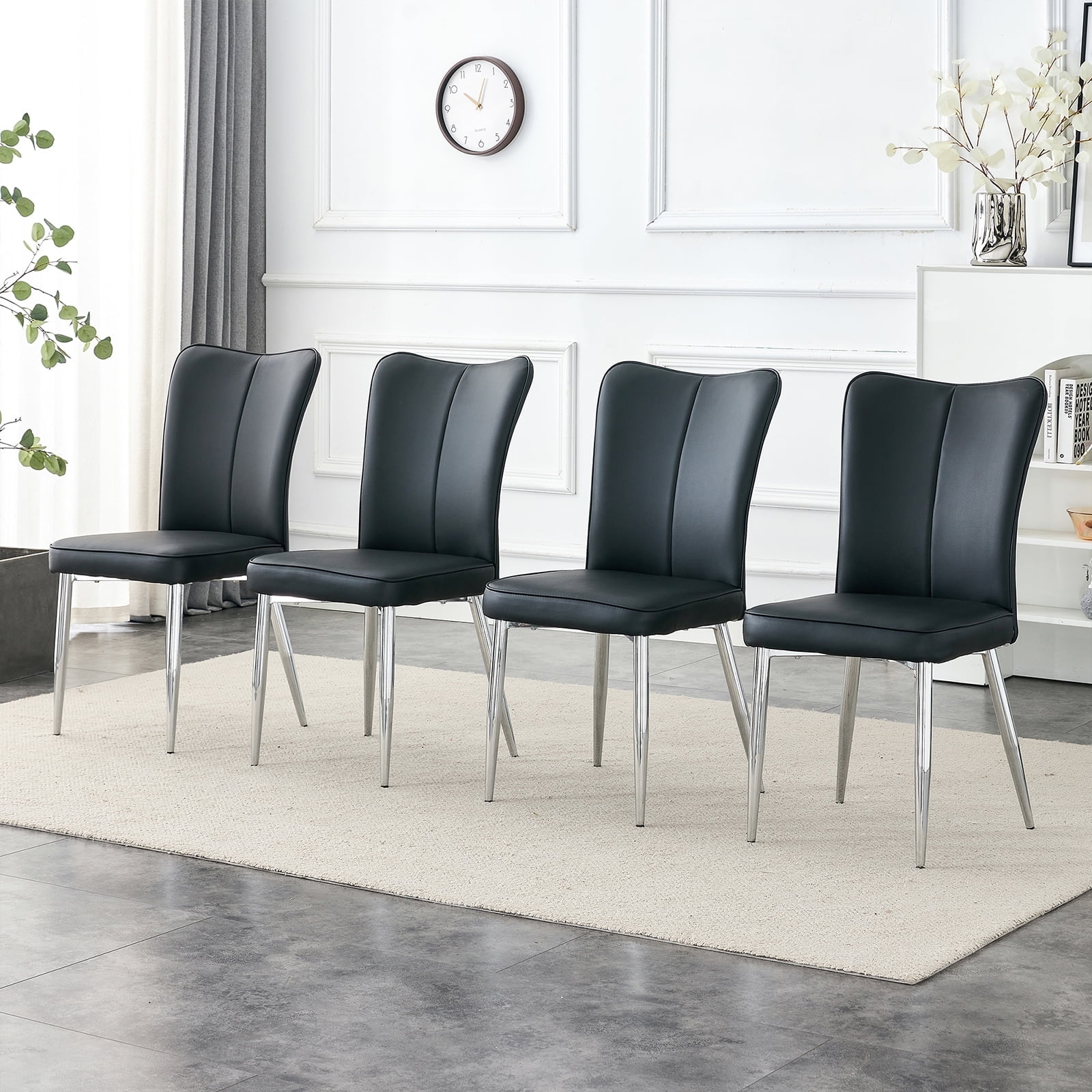 Sudica Set of Four Modern Dining Chairs, Upholstered Black Leather