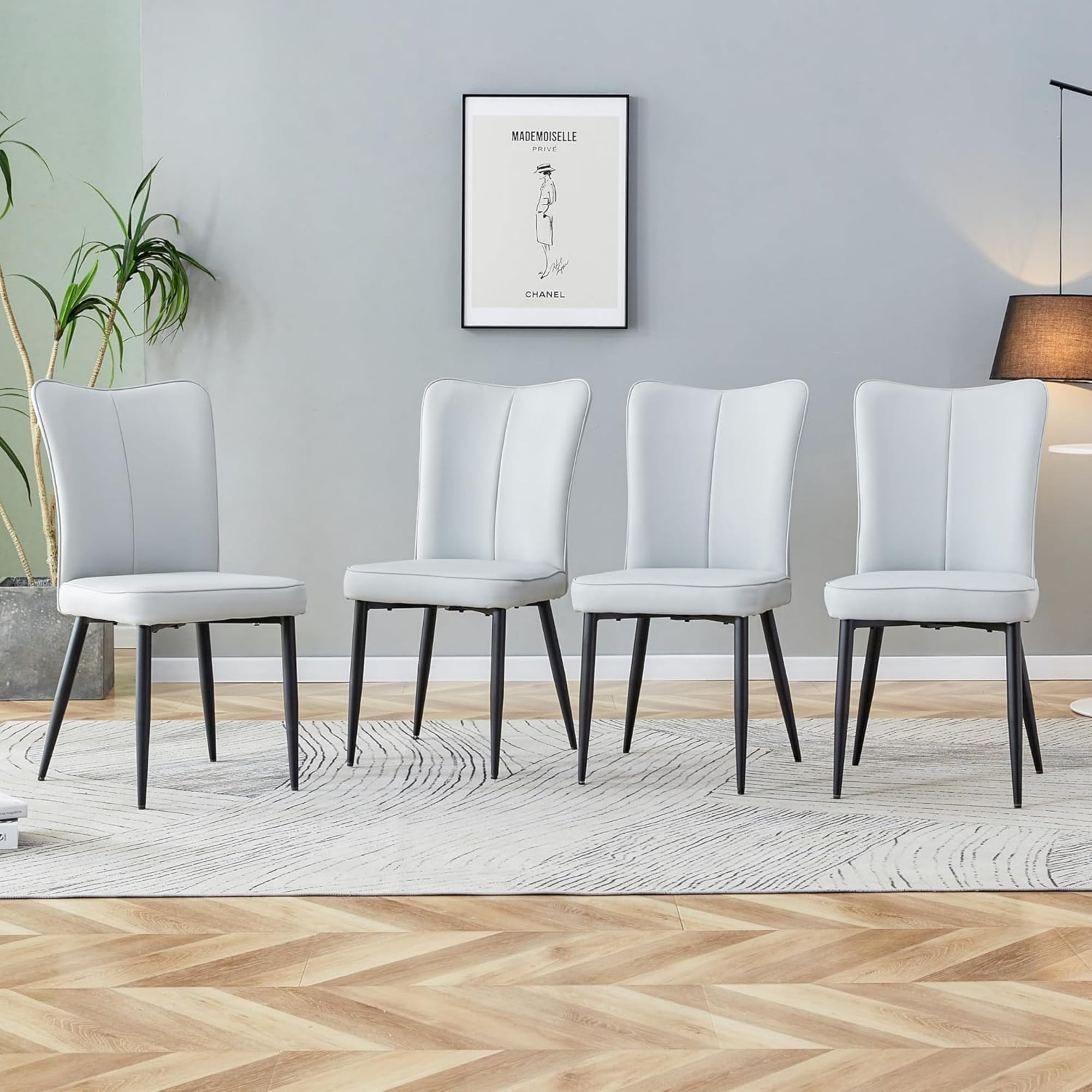 SUDICA Dining Chairs Set of 4, Modern Gray PU Leather Upholstered High Back Kitchen Chairs with Black Metal Legs for Dining Room