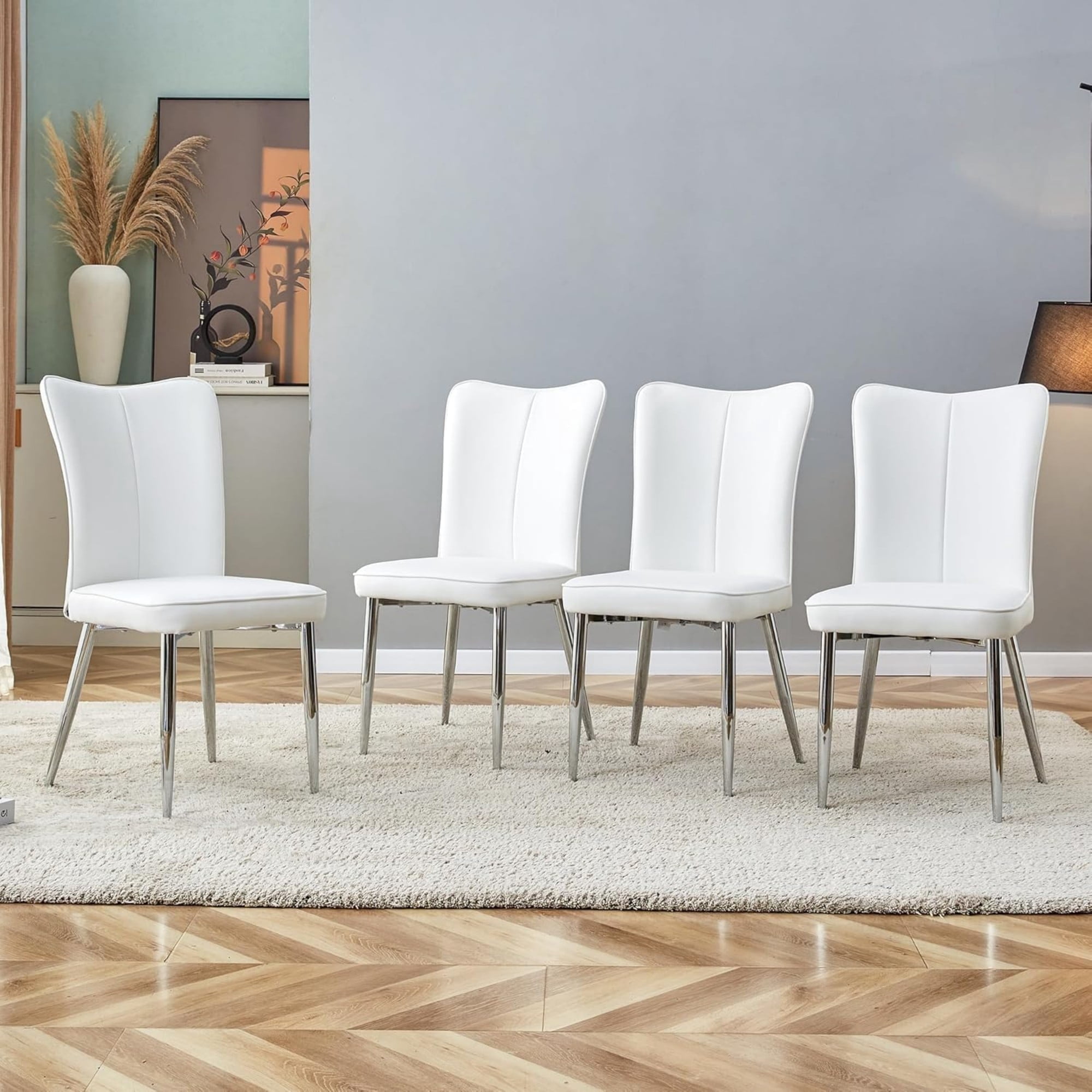 SUDICA White PU Leather Dining Chairs Set of 4 with Chrome Metal Legs for Dining Room