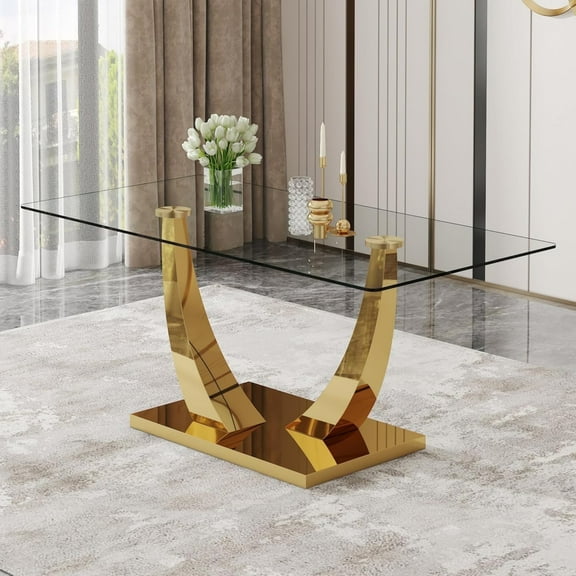 SUDICA 63" Rectangular Glass Dining Table, Clear Tempered Top with Gold U-Shaped Base for Modern Dining Room and Kitchen