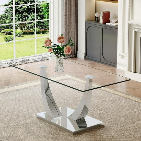 SUDICA 63 Inch Rectangular Clear Tempered Glass Dining Table 1 Piece, Silver U-Shaped Metal Base for Dining Room Kitchen Apartment