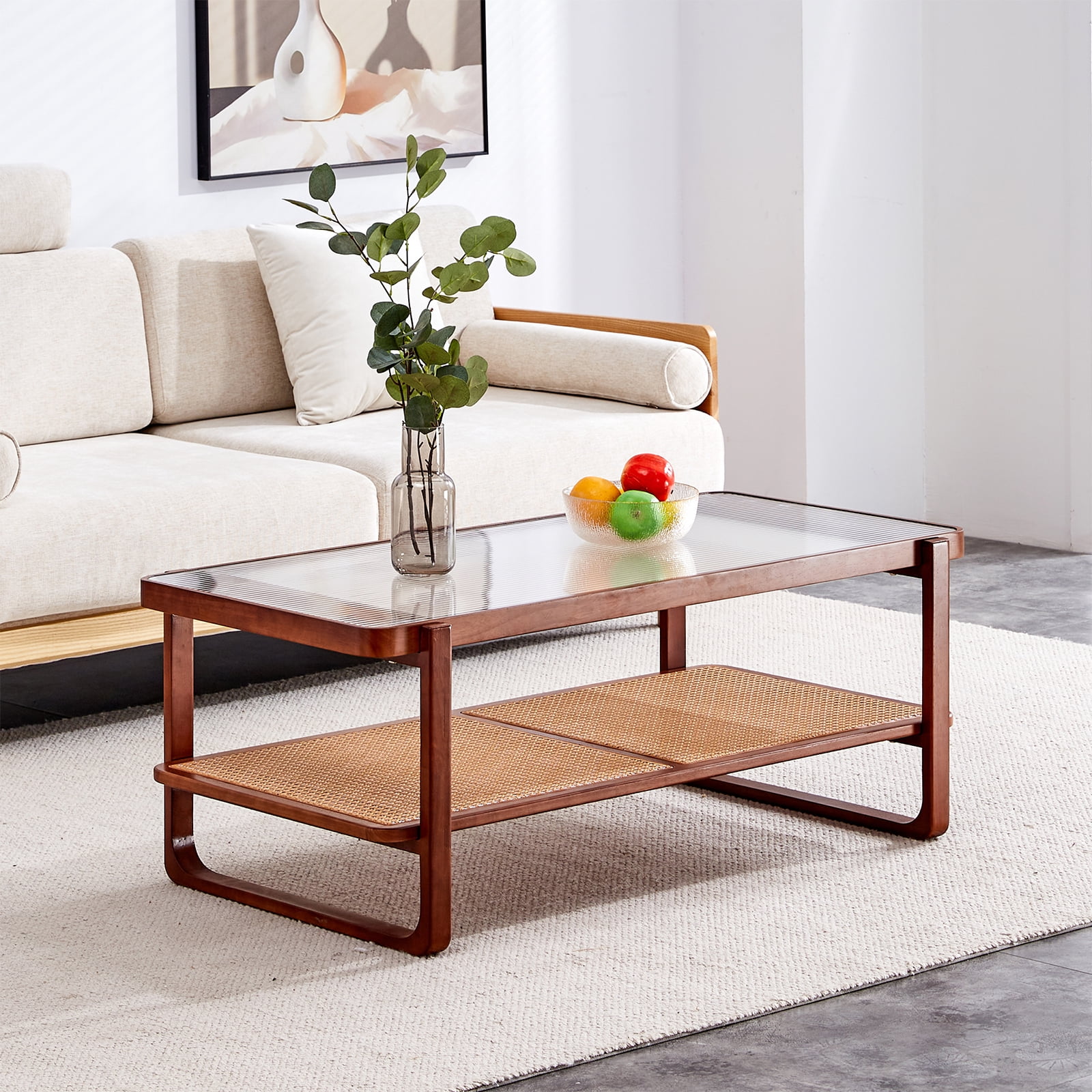 Sudica Glass Top Rattan Coffee Table with Storage Shelf, Walnut Wooden ...