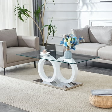 Sudica Rectangle Glass Coffee Table, Modern 47"x25" Tempered Glass Top Tea Table for Living Room, White Base