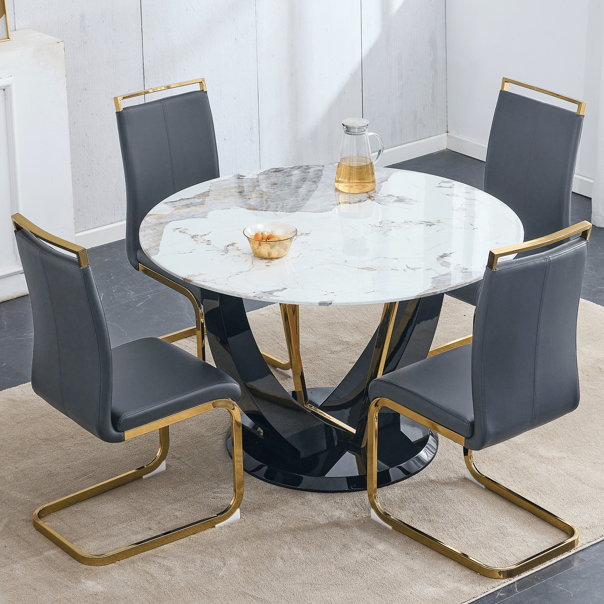 Sudica Round Dining Set for 4, 48" Round Marble Dining Table with PU ...