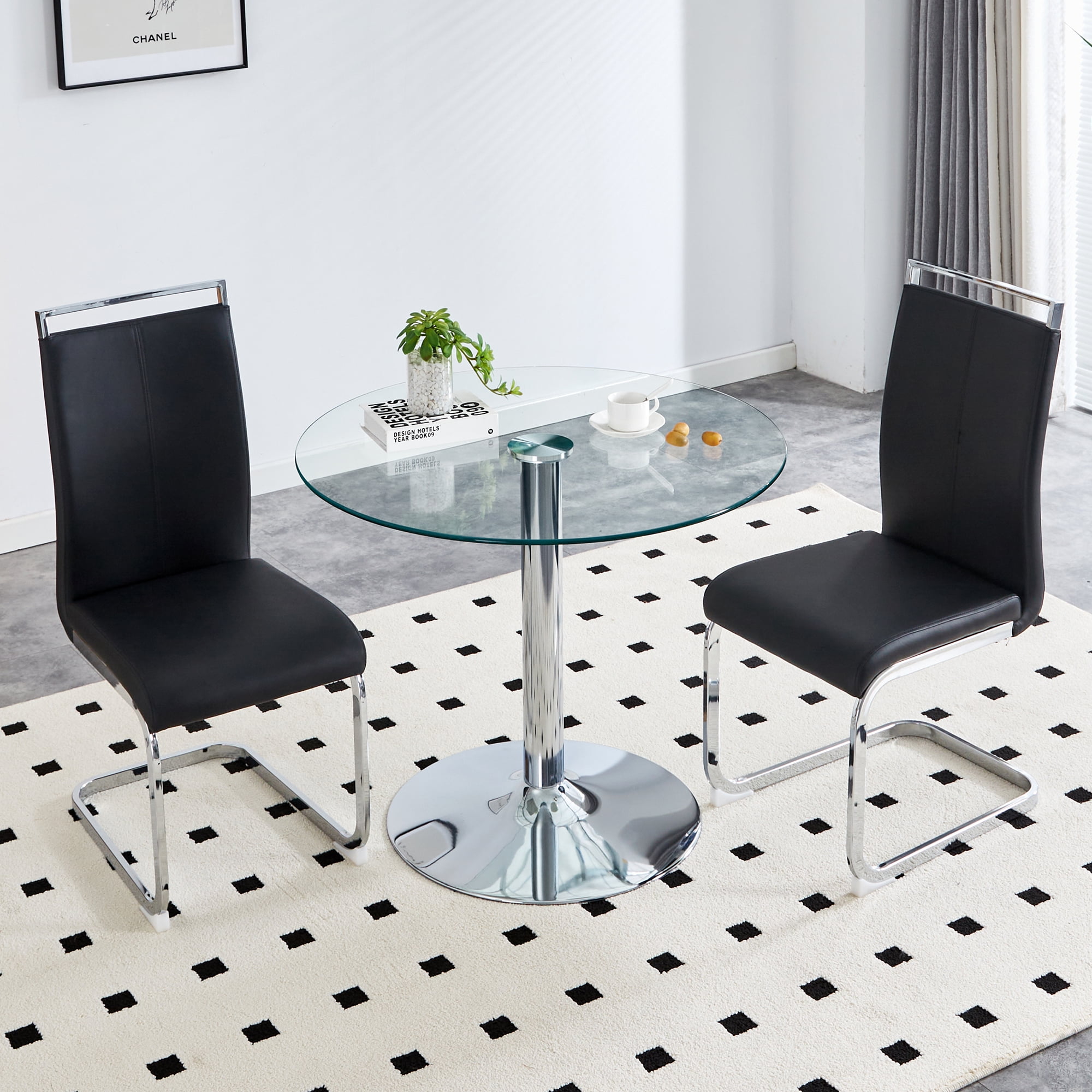 Sudica Round Glass Dining Table Set For 2,35" Coffee Table With 2 ...