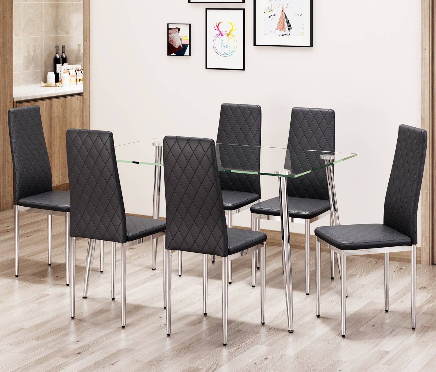 Upholstered Black Dining Chairs Set of 6 PU Leather Kitchen Dining Room Chairs with Tall Slat