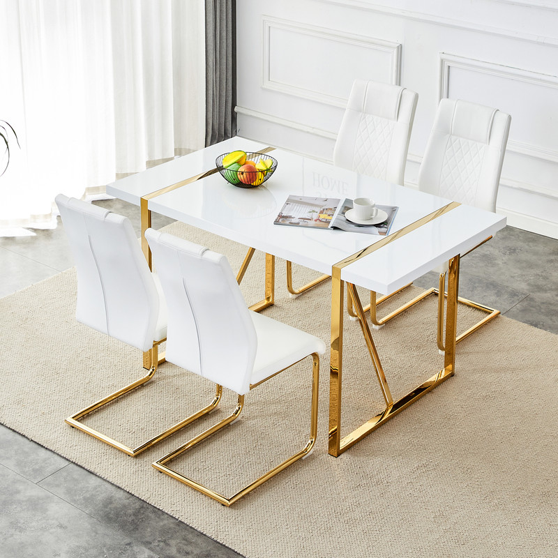 Sudica White Dining Table Set with Gold Legs, 55" Kitchen Table and