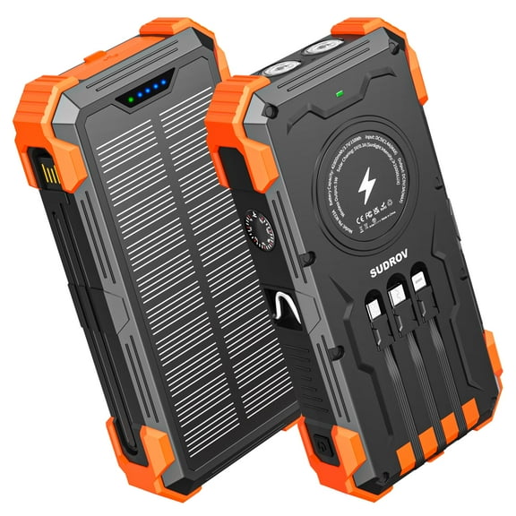 Solar Charger Power Bank, 42800mAh Wireless Portable Charger with USB-C in/Output, QC3.0 Fast Charging 15W 4 Ports Outdoor Battery Pack Built-in Dual Led Flashlights for iPhone Samsung etc Red