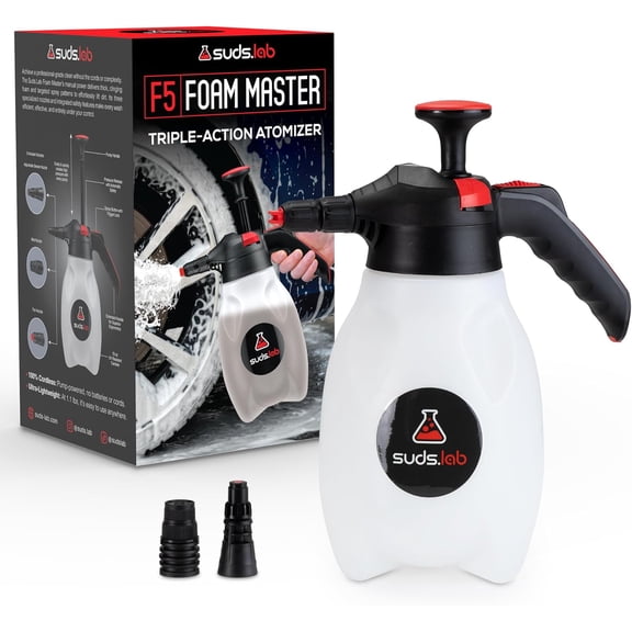 Suds Lab F5 Foam Master - Triple-Action Pump Sprayer with 3 Nozzles, Cordless Hand Bottle for Car Wash & Versatile Use 70 Oz. Portable Detailing Atomizer