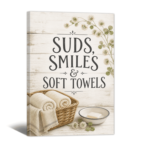 Suds Smile Soft Towels Canvas Wall Art Bathroom Scene Relax Phrase Print, Fresh & Chilling Artwork Bath Text Painting for Shower room, Washroom, Restroom Wall Decor