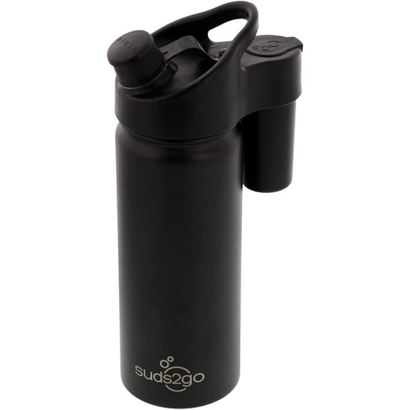Suds2Go Portable Stainless Steel Water Bottle and Hand Wash System (20oz)- Double Walled and Vacuum Sealed with Leakproof Lid- Lightweight Design for Camping, Sports and Travel- Jet Black