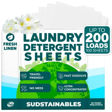 Sudstainables Laundry Detergent Sheets, 100 Laundry Sheets for 200 Loads, Fresh Linen Scent