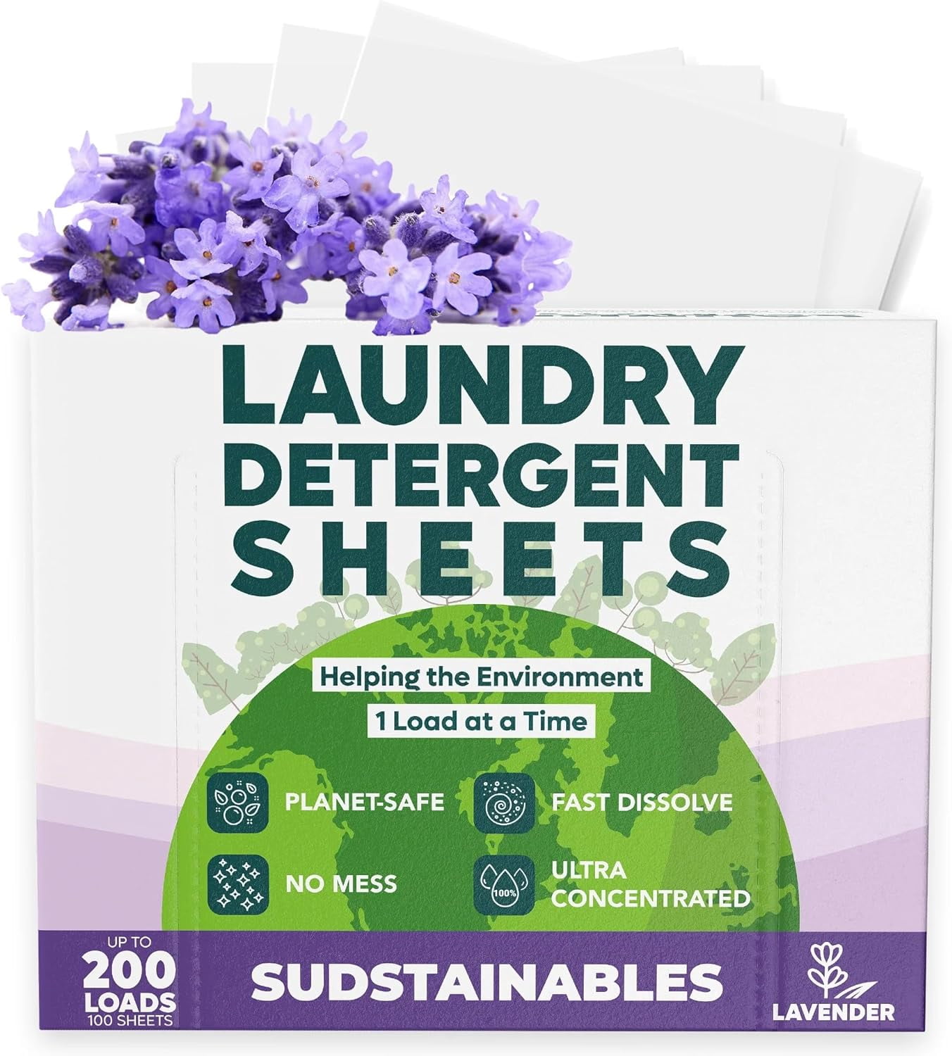 Sudstainables Laundry Detergent Sheets, 100 Laundry Sheets for 200 Loads, Lavender Scent