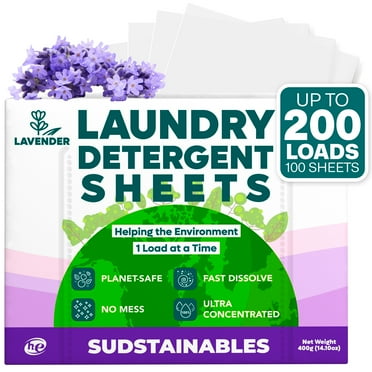 Sudstainables Laundry Detergent Sheets, 100 Laundry Sheets for 200 Loads, Lavender Scent